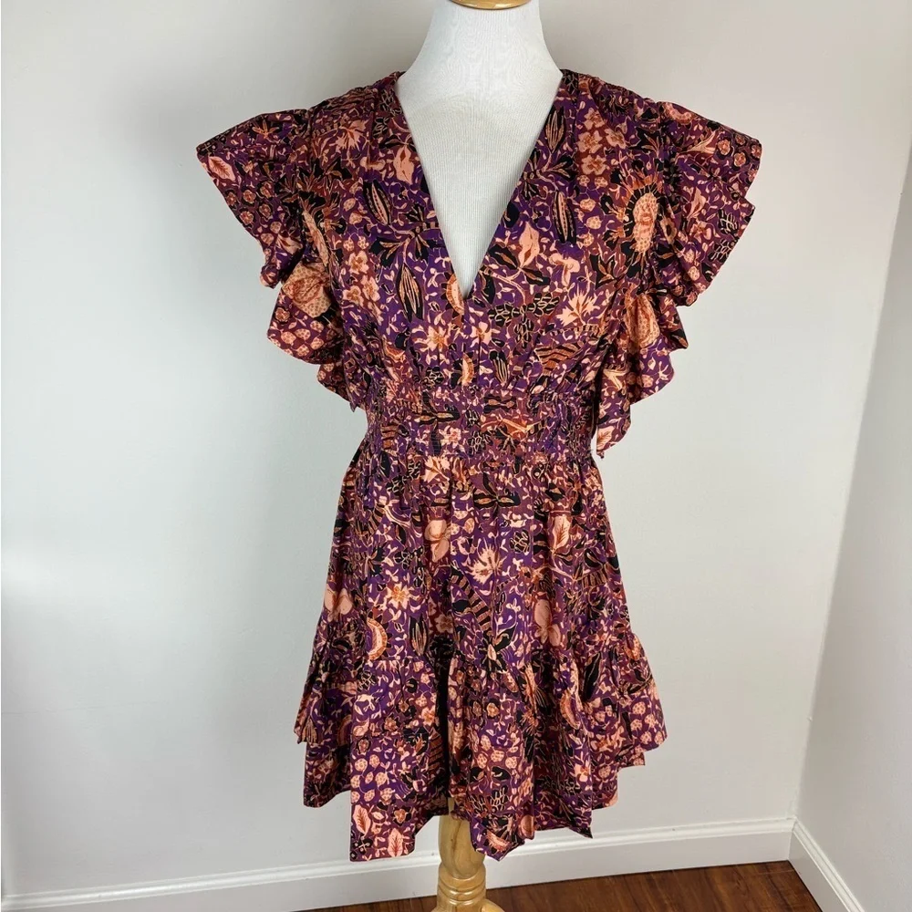 ULLA JOHNSON Kiri Dress Floral Print Ruffle Dress 100% Cotton Orange Size 10